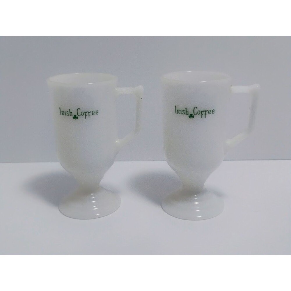 VINTAGE PAIR OF WHITE MILK GLASS PEDESTAL IRISH COFFEE MUGS